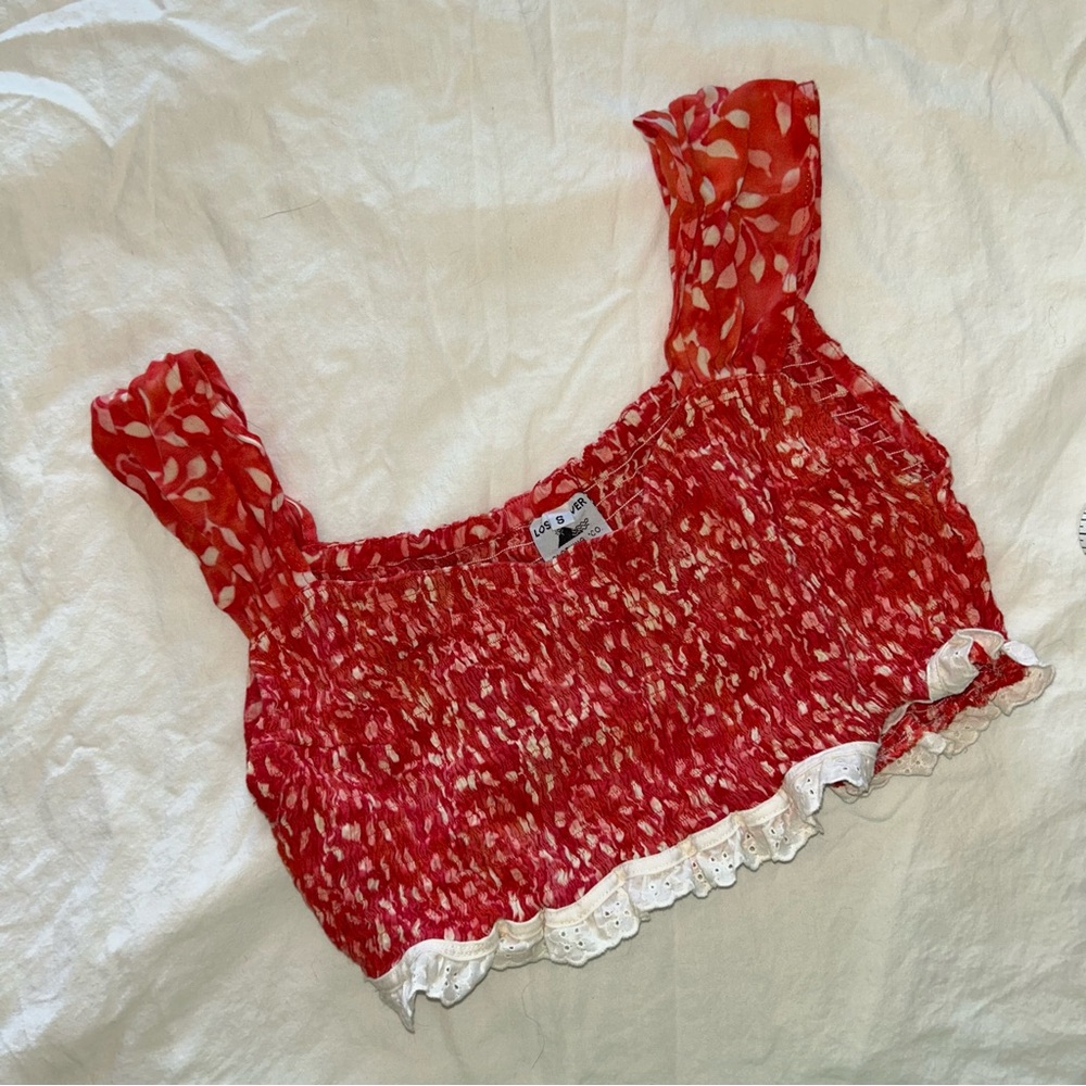 Red Patterned Crop Top with Lace Trim - LOST RIVER